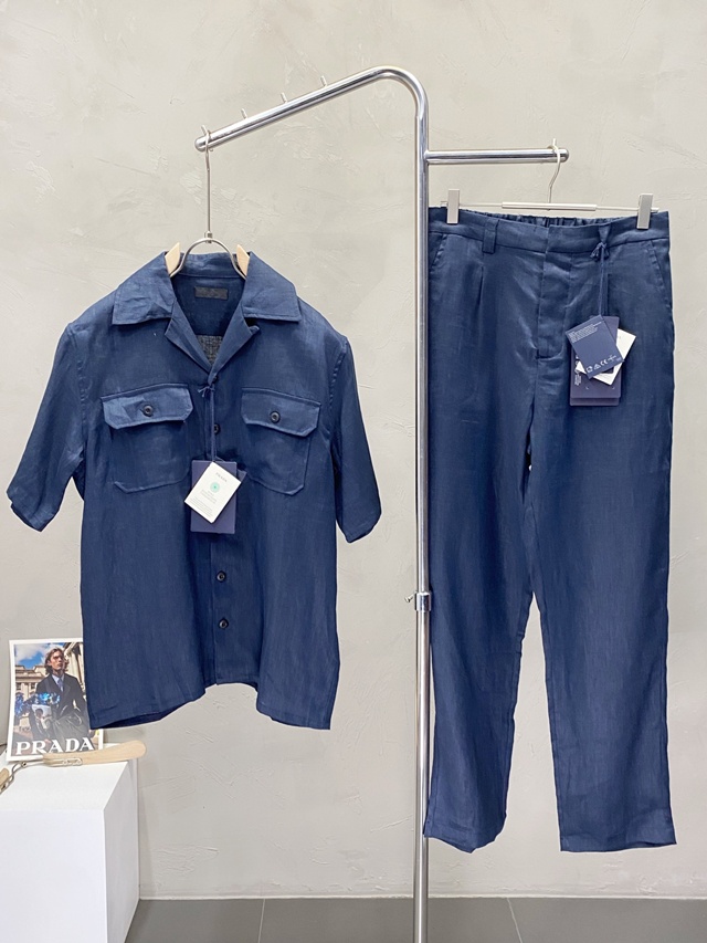 프라다 남성 린넨 반팔 셔츠 + 바지 팬츠 세트