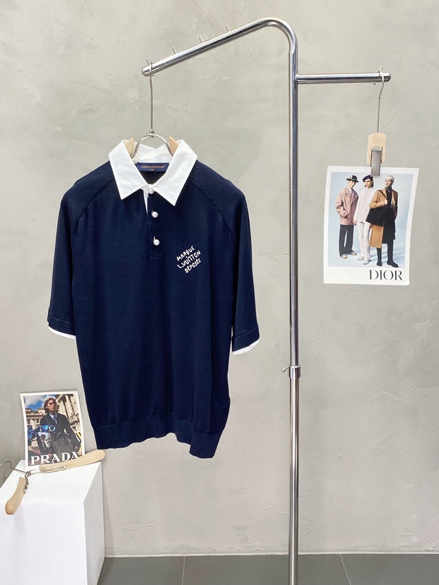 루이비통 엠브로이더드 쇼트 슬리브드 코튼 블렌드 폴로 셔츠 1AFQQH