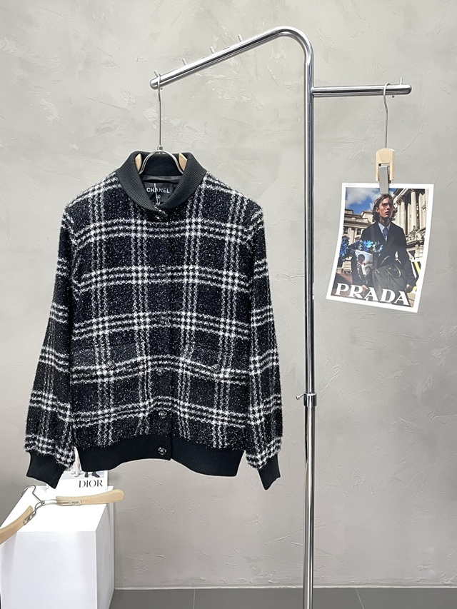 샤넬 숄카라 체크 버튼 울 트위드 자켓 재킷