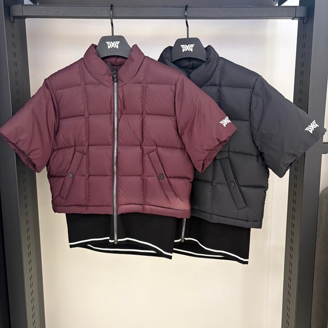 PXG 여성 크롭 다운 베스트 반팔 패딩 2칼라