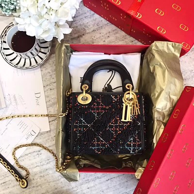 디올 오리지널 엠브로이드 카프스킨 LADY DIOR 백 AM0505 블랙
