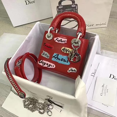 디올 Lady Dior Mini Calfskin/Embriodery Red