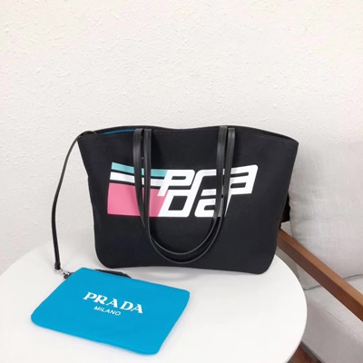 프라다 로고 프린트 캔버스 블랙 라지 토트 백 1BG128