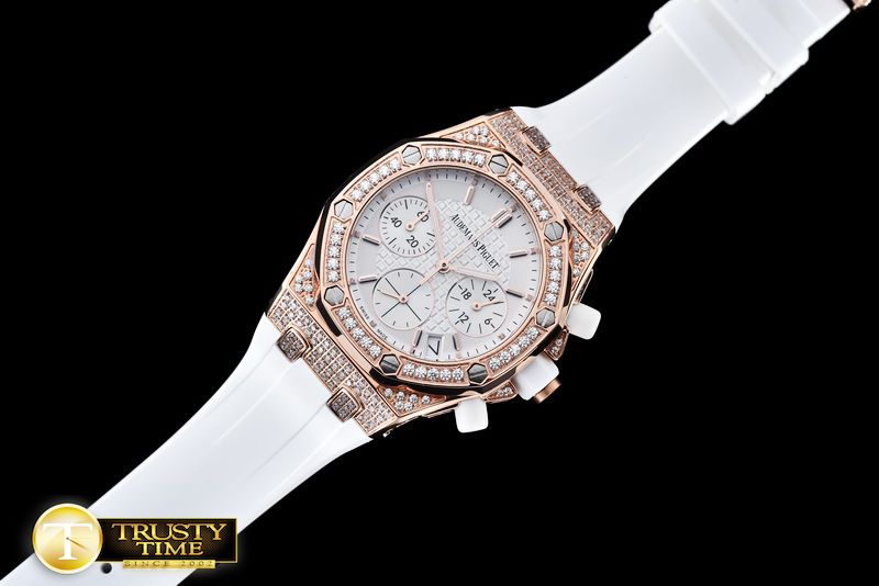 오데마피게 Royal Oak Ladies Chrono RG/RU Wht Stk Diam Bez VK64 -AP0369A