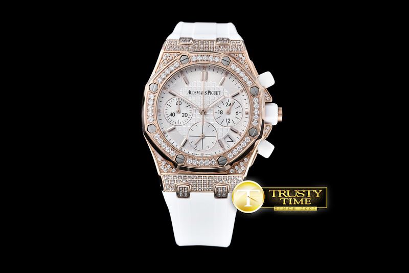 오데마피게 Royal Oak Ladies Chrono RG/RU Wht Stk Diam Bez VK64 -AP0369A