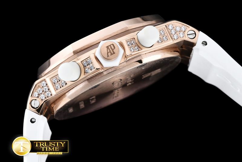 오데마피게 Royal Oak Ladies Chrono RG/RU Wht Stk Diam Bez VK64 -AP0369A