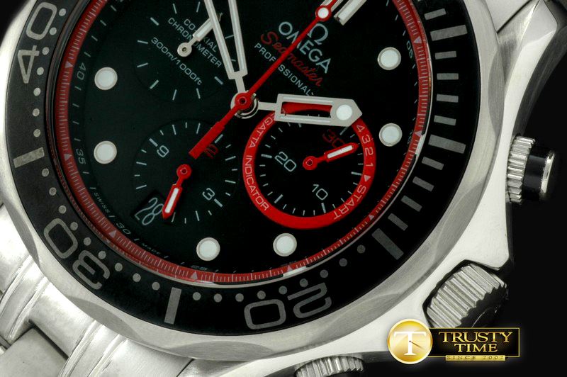 오메가 Diver Pro 300M Chrono SS/SS Blk/Red Jap Qtz -OMG0285C