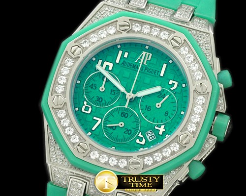 오데마피게 Royal Oak Ladies Chrono SS/Diam/RU Diam Green Jap OS20 -AP0159A