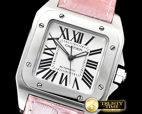 까르띠에 Santos 100 Midsize 33mm SS/LE (Pink) Wht NH05 Mod -CAR0446