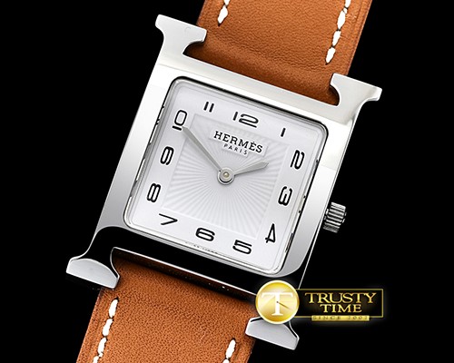 에르메스 Hermes HOUR Ladies SS/LE Tan White Num MKF Swiss Qtz -H021B