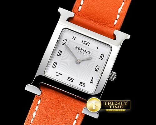 에르메스 Hermes HOUR Ladies SS/LE Orange White Num MKF Swiss Qtz -H021D