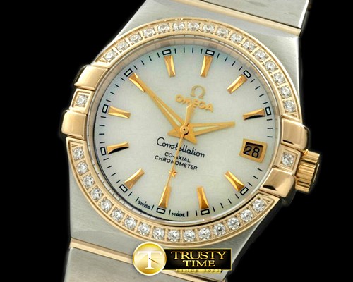 오메가 Double Eagle Midsize Auto SS/YG/Diam White Stk A2813 -OMG0217E