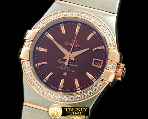 오메가 Double Eagle Midsize Auto SS/RG/Diam Brown Stk -OMG0218E