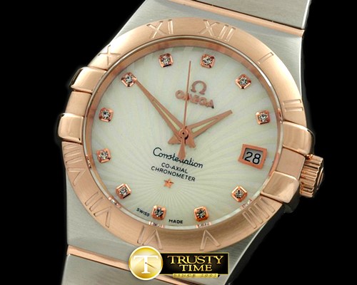 오메가 Double Eagle Midsize Auto SS/RG White Diam Asian -OMG0219C