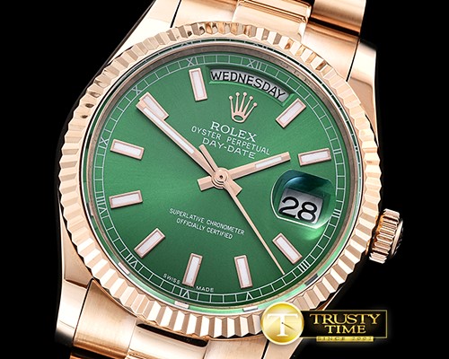 롤렉스 DayDate 36mm Flt RG/RG Green Thick Stk BP Swiss 2836 -RDD0213G