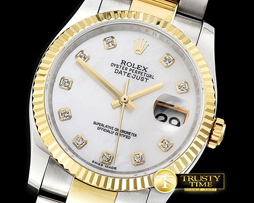 롤렉스 DJ 36mm Oyst Flt YG/SS White MOP Diams BP A3135 Mod -RDJ0279G
