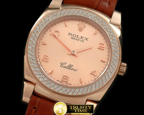 롤렉스 Ladies Cellini RG/LE/Diam Rose Gold Num Swiss Qtz -ROLCEL044F