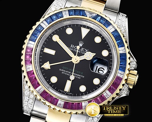 롤렉스 GMT II Red/Blue Rubies YG/SS Blk BP A3186 Mod -ROLGMT121A
